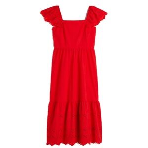 HM tomato red, broderie anglaise midi dress with eyelet embroidery.